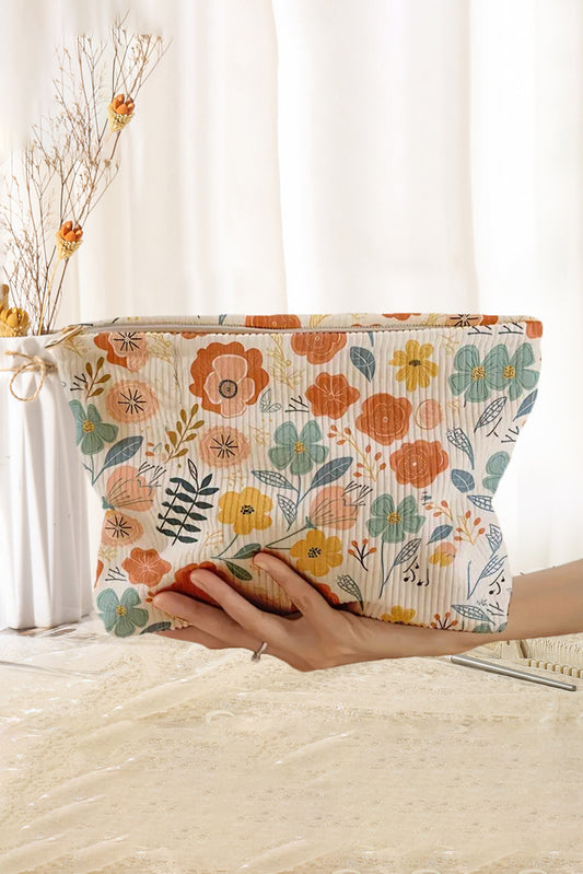 White Floral Print Zipper Corduroy Cosmetic Storage Bag Makeup Bags JT's Designer Fashion