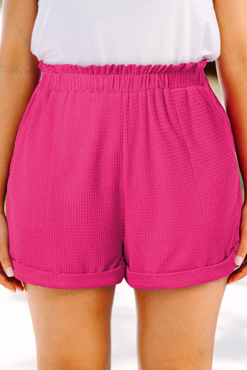 Bright Pink Plus Size Rolled Edge Ruffled Elastic Waist Textured Shorts Plus Size JT's Designer Fashion