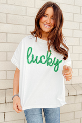 White Lucky Tinsel Graphic St Patrick Fashion Tee Graphic Tees JT's Designer Fashion