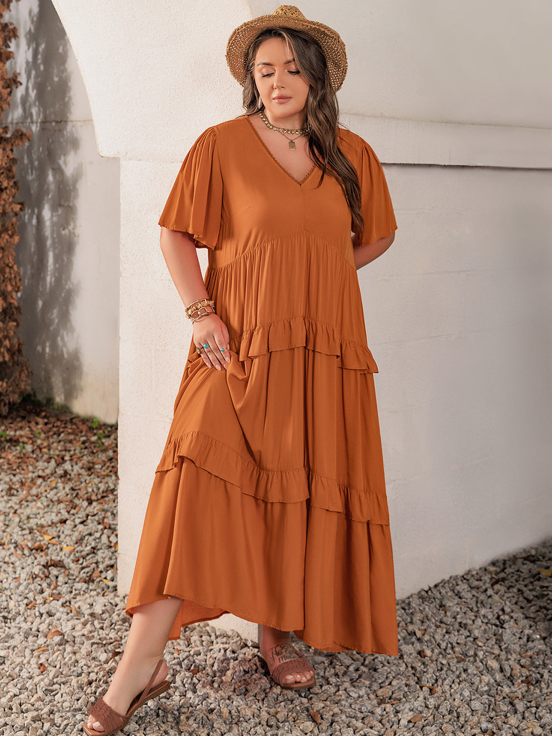 Plus Size V-Neck Flutter Sleeve Maxi Dress Maxi Dresses JT's Designer Fashion