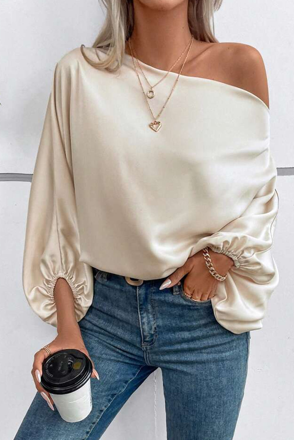 Apricot One Shoulder Asymmetrical Neck Balloon Sleeve Blouse Pre Order Tops JT's Designer Fashion