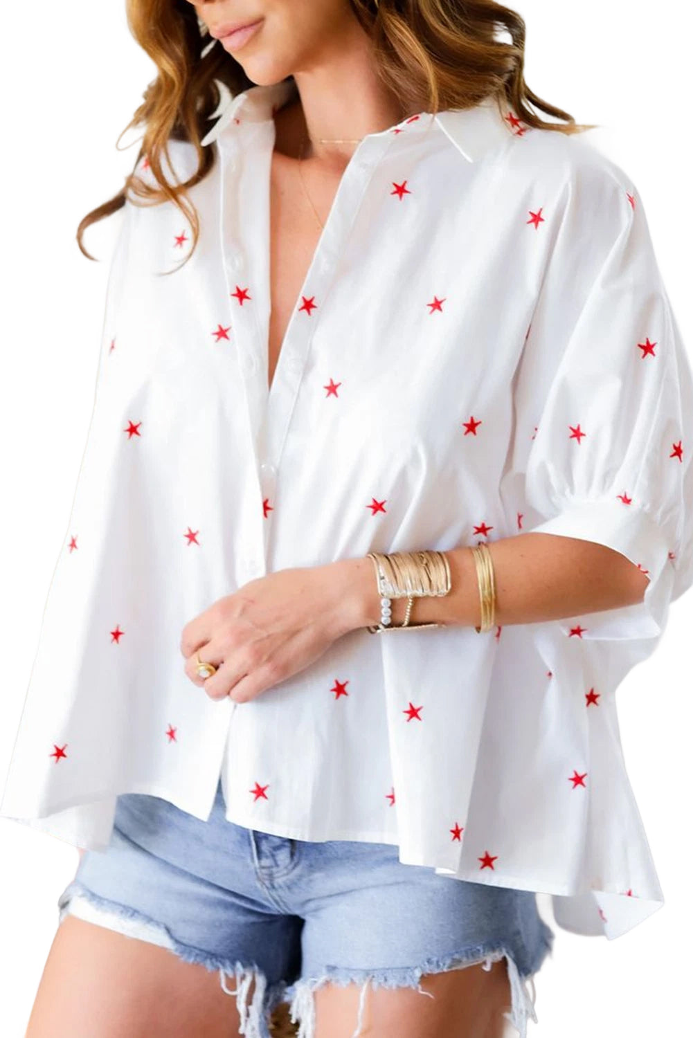 White Red Little Stars Printed Loose Half Sleeve Shirt Pre Order Tops JT's Designer Fashion