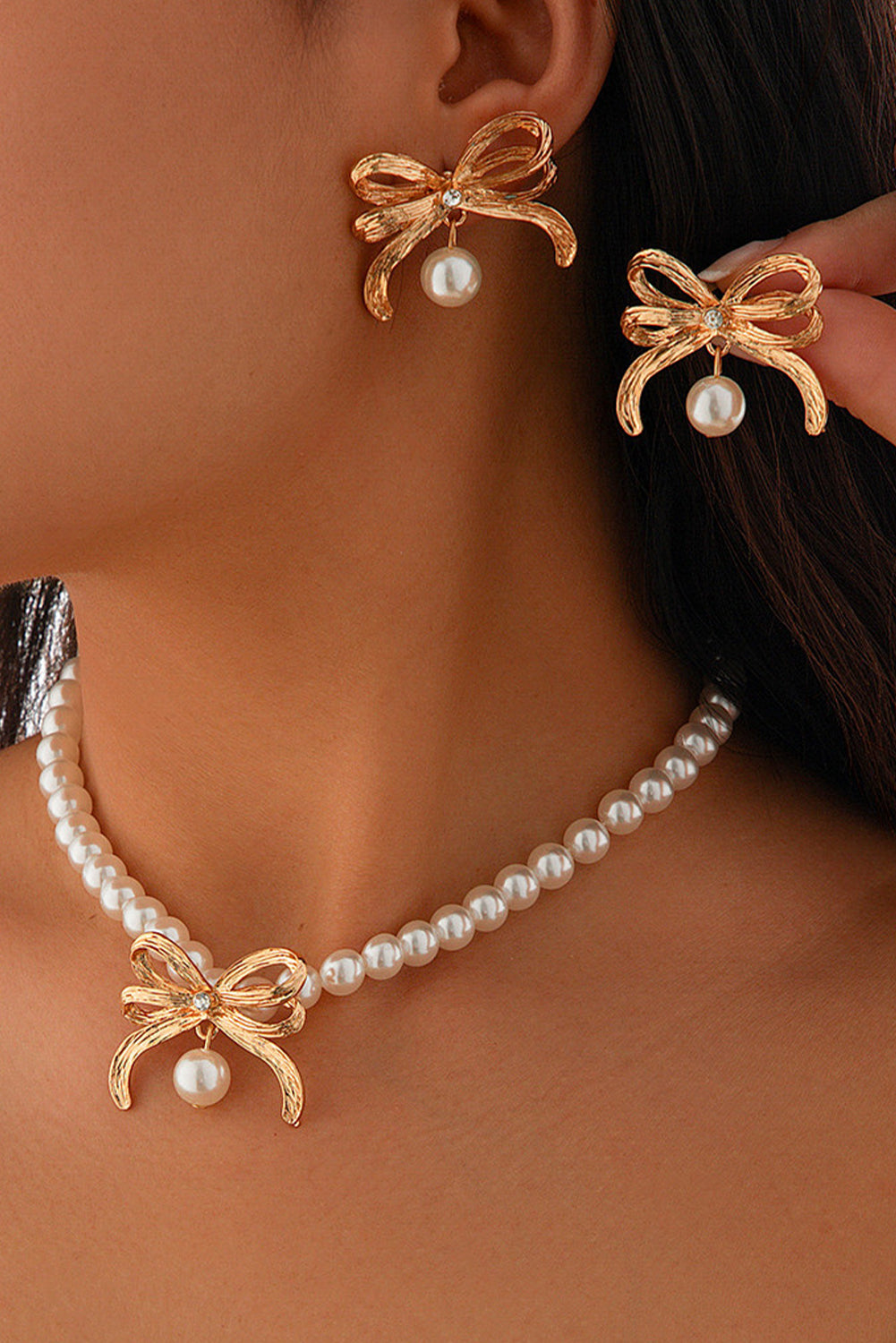 Gold Rhinestone Pearl Bow Decor Plated Necklace and Earrings Set Jewelry JT's Designer Fashion