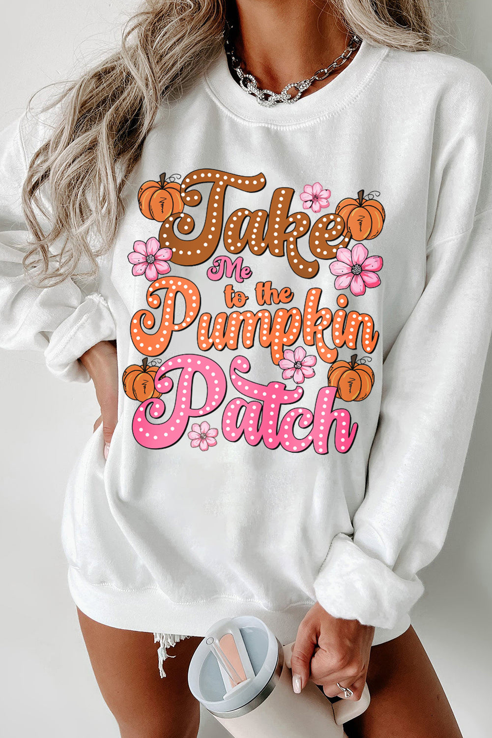 White Take Me to the Pumpkin Patch Floral Halloween Sweatshirt White 50%Polyester+50%Cotton Graphic Sweatshirts JT's Designer Fashion