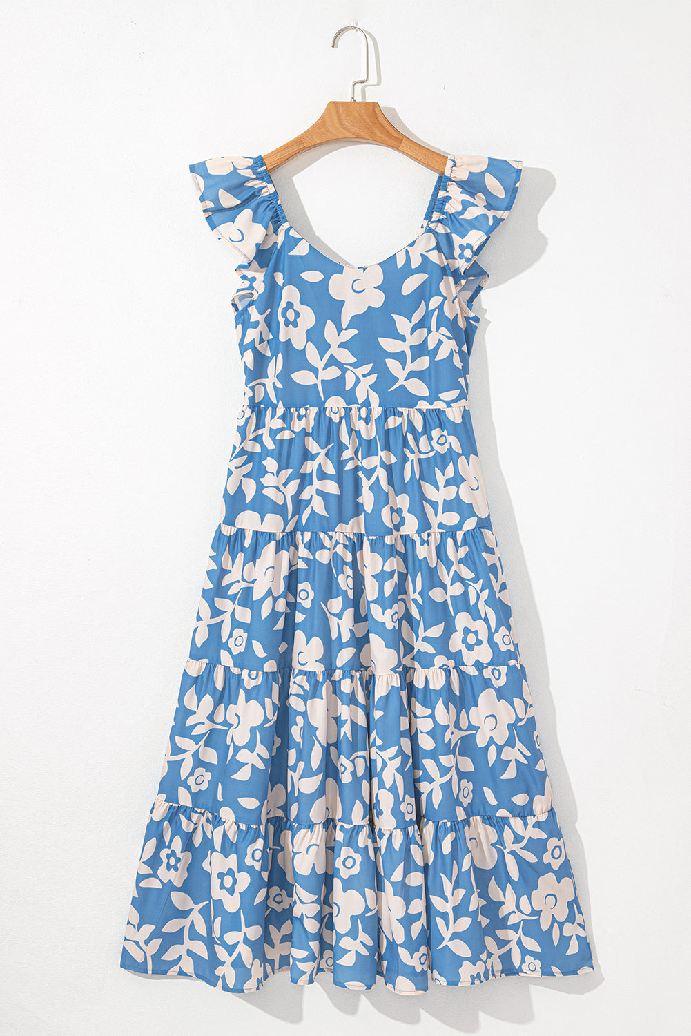 Sky Blue Floral U Neck Flutter Shoulder Tiered Flowy Midi Dress Floral Dresses JT's Designer Fashion