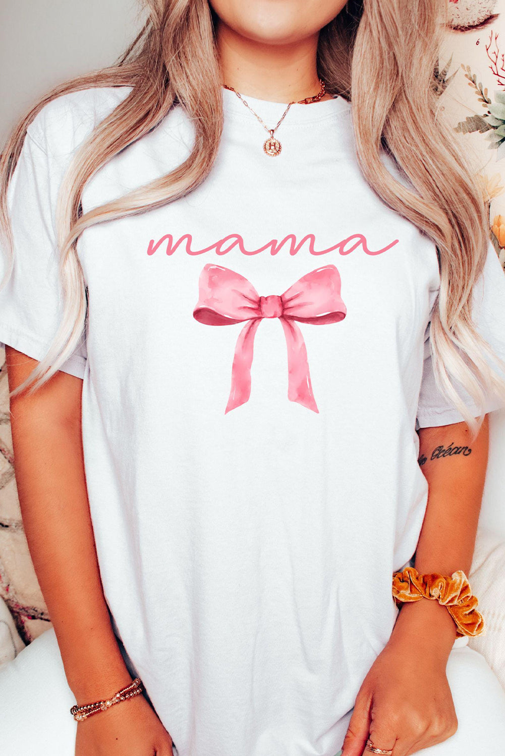 White MAMA Bowknot Graphic Crewneck Tee Graphic Tees JT's Designer Fashion