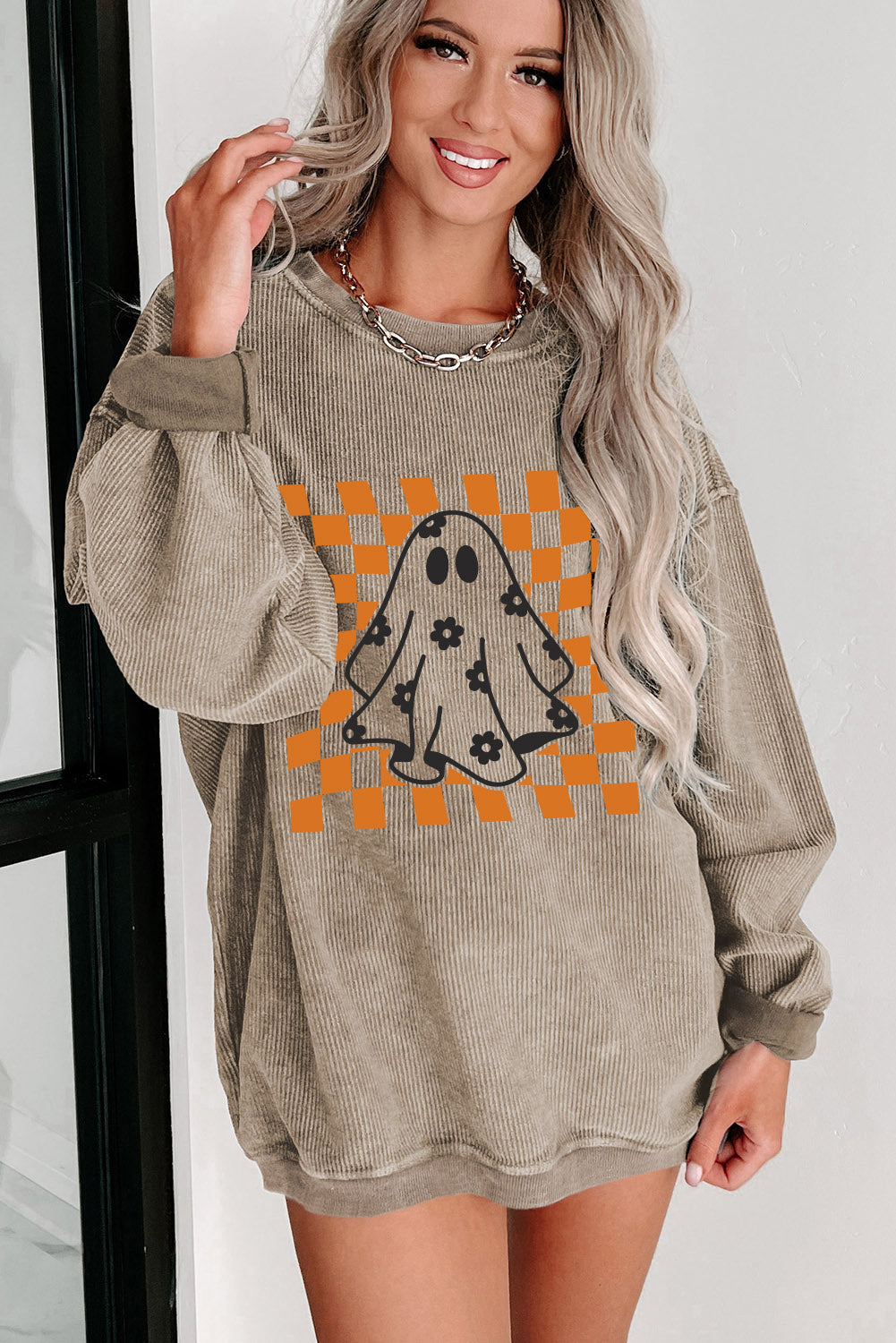 Khaki Checkerboard Floral Ghost Graphic Corded Halloween Sweatshirt Graphic Sweatshirts JT's Designer Fashion