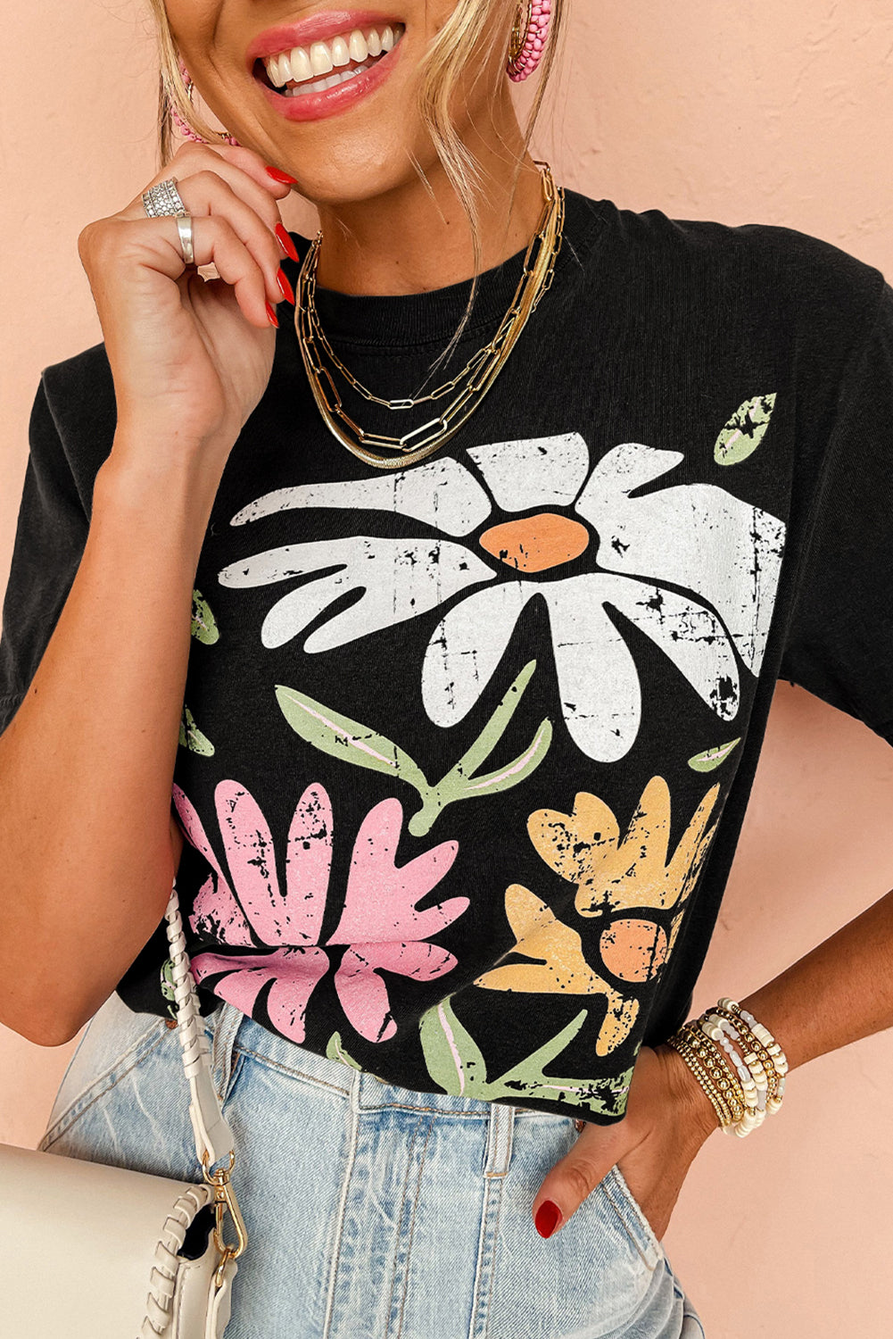 Black Retro Floral Print Crew Neck Casual T Shirt Graphic Tees JT's Designer Fashion