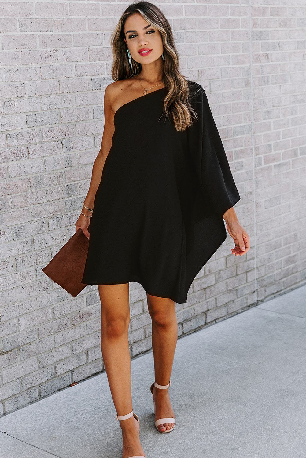 Black Side To Side One Shoulder Statement Mini Dress Mini Dresses JT's Designer Fashion