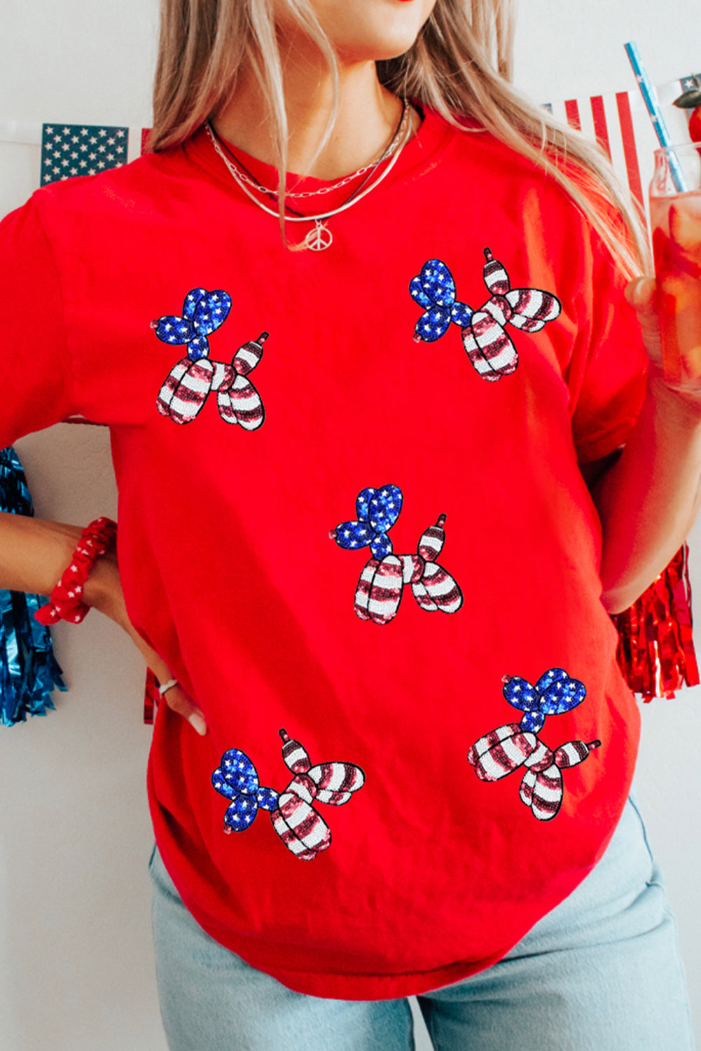 Red Sequin Stars and Stripes Balloon Puppy Graphic Crewneck Tee Graphic Tees JT's Designer Fashion