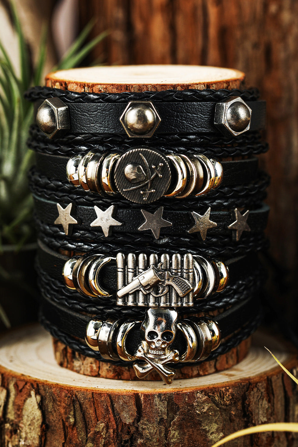 Black Gun Skull Star PU Leather Bracelet Set Jewelry JT's Designer Fashion