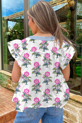 Multicolour Flower Stripe Print Notch V Neck Flutter Sleeve Blouse Pre Order Tops JT's Designer Fashion