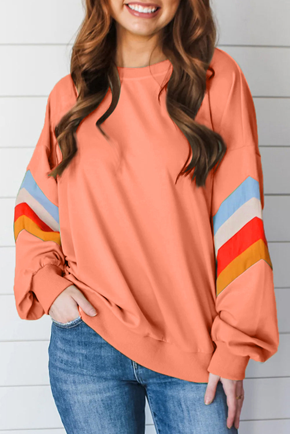 Flamingo Rainbow Striped Sleeve Crew Neck Loose Sweatshirt Sweatshirts & Hoodies JT's Designer Fashion