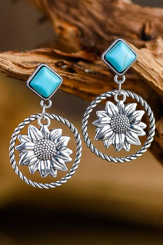 Silver Sunflower Turquoise Dangle Earrings Jewelry JT's Designer Fashion