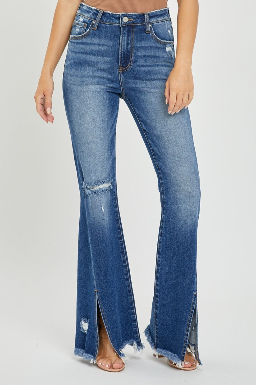 RISEN Full Size High Rise Front Slit Frayed Hem Flare Jeans Jeans JT's Designer Fashion