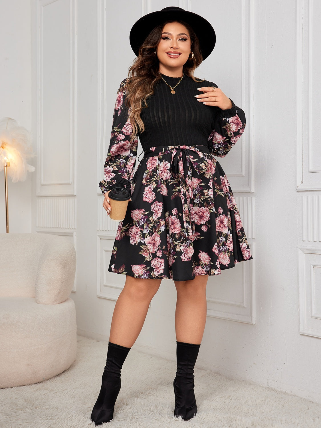 Plus Size Tied Printed Long Sleeve Dress Mini Dresses JT's Designer Fashion