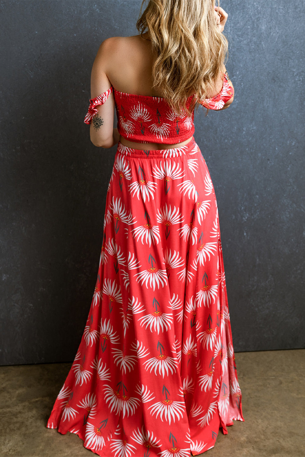 Red Floral Shirred Off Shoulder Crop Top and Slit Maxi Skirt Set Bottoms JT's Designer Fashion