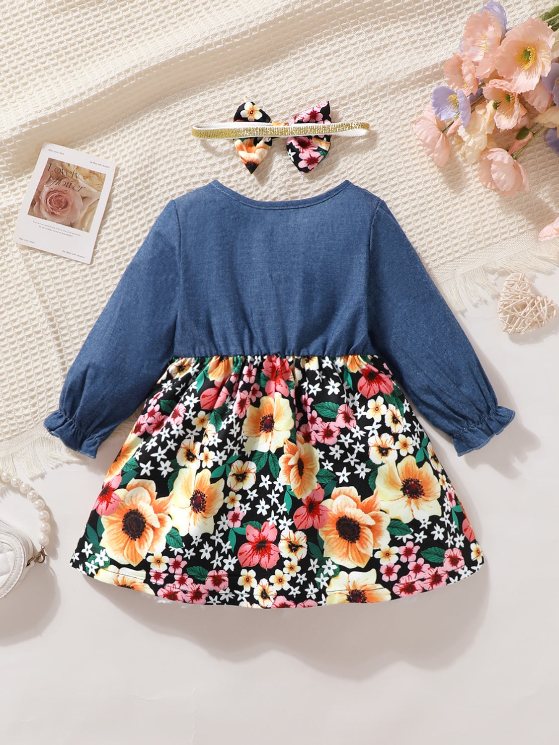 Children's Ruffled Bow Contrast Floral Dress with Headband Children's Apparel JT's Designer Fashion