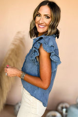 Ashleigh Blue Button Front Ruffled Flutter Frayed Denim Top Tops & Tees JT's Designer Fashion