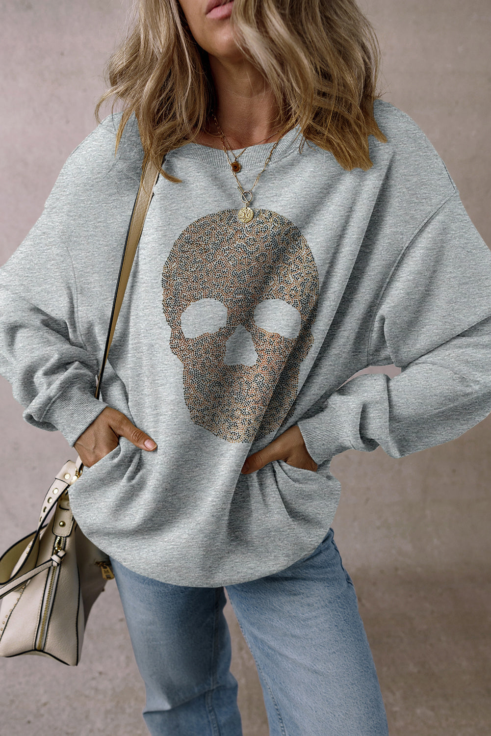 Light Grey Rhinestone Skull Graphic Drop Shoulder Sweatshirt Graphic Sweatshirts JT's Designer Fashion