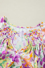 Purple Abstract Printed Ruffled Short Sleeve Notched Neck Blouse Blouses & Shirts JT's Designer Fashion