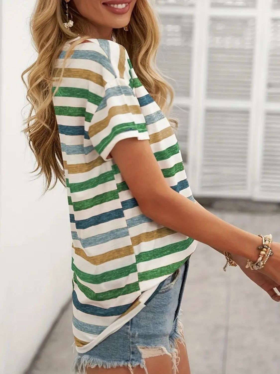 Striped Round Neck Short Sleeve T-Shirt T-Shirts JT's Designer Fashion