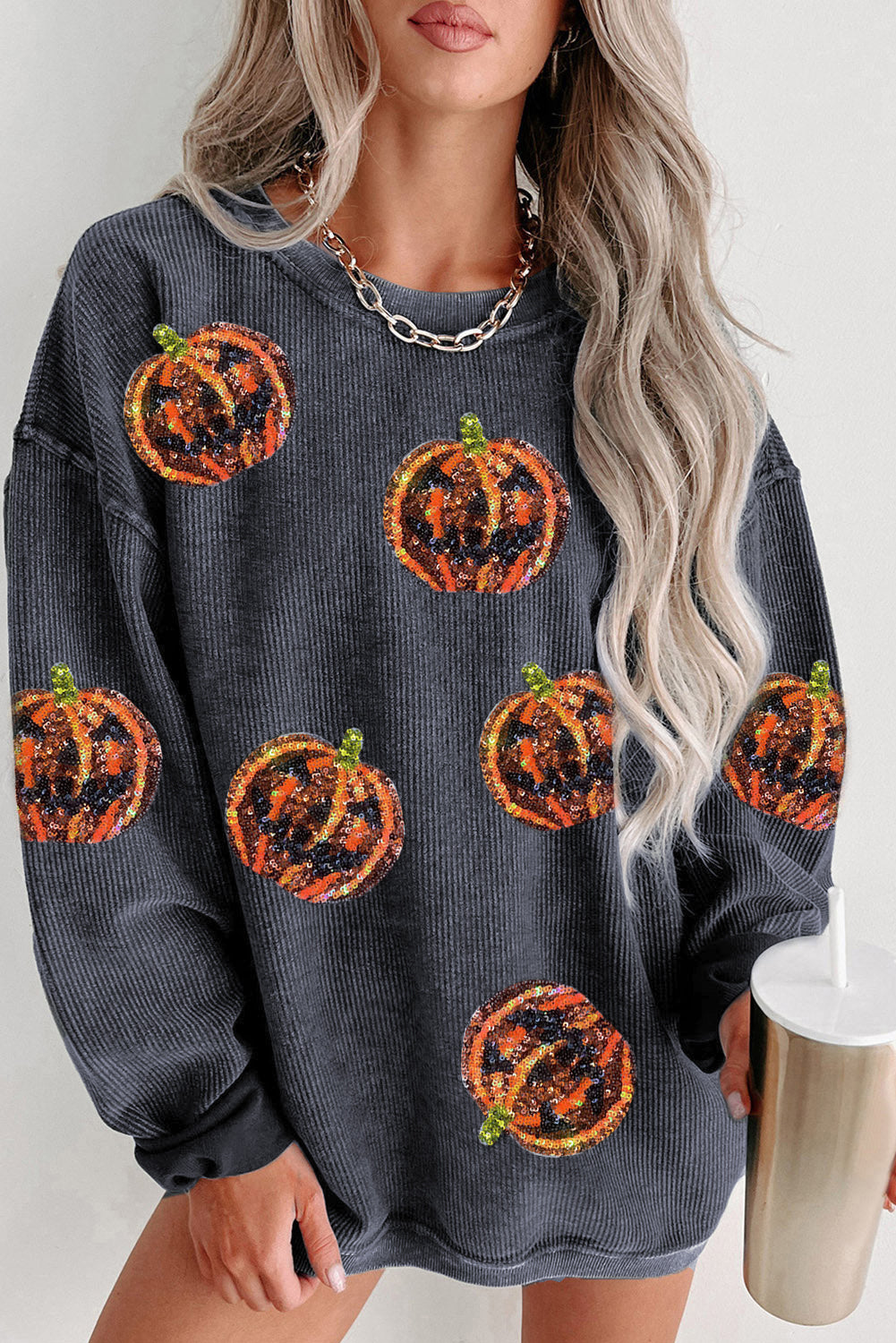 Gray Sequined Jack O Lantern Corded Baggy Sweatshirt Graphic Sweatshirts JT's Designer Fashion