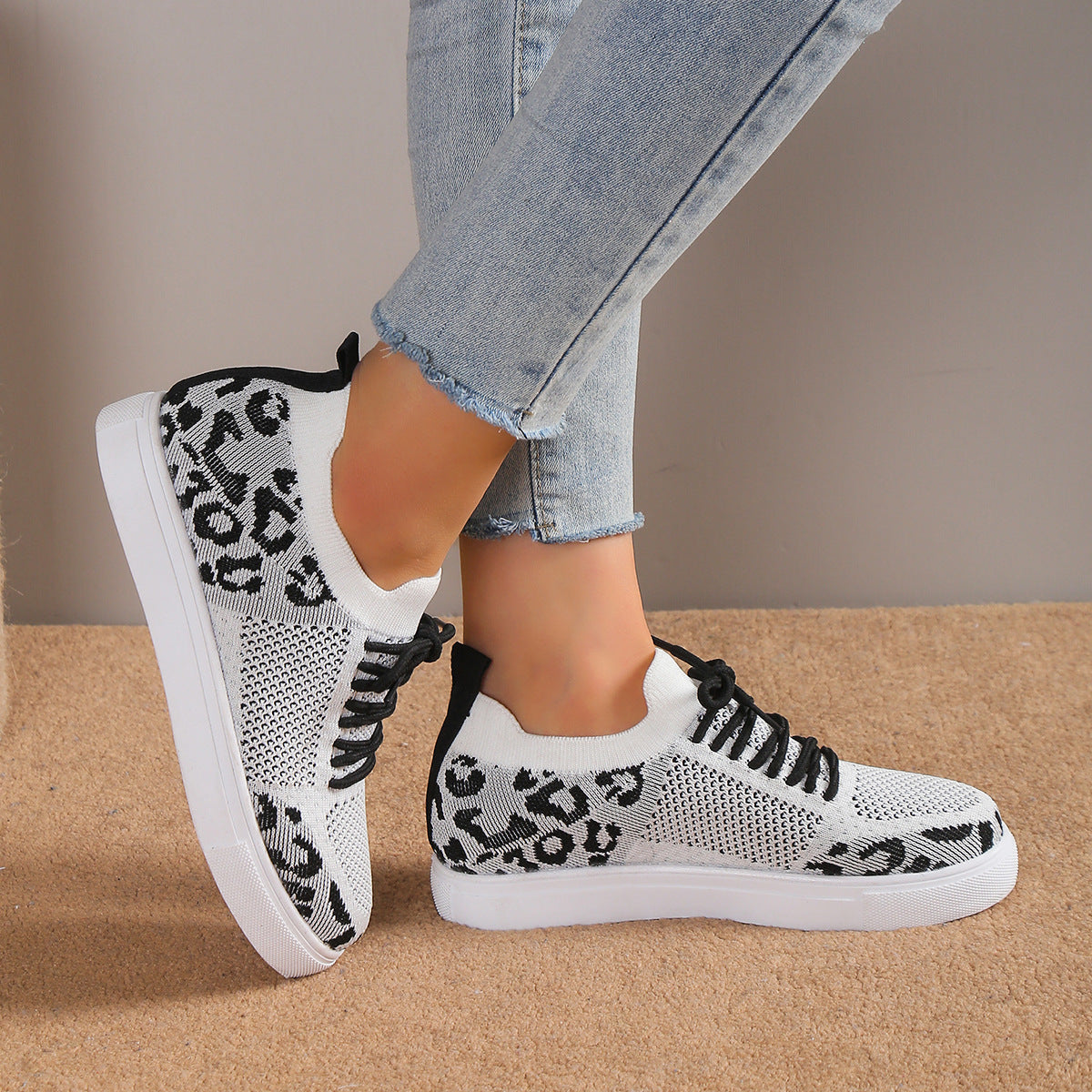 Lace-Up Leopard Flat Sneakers Shoes JT's Designer Fashion