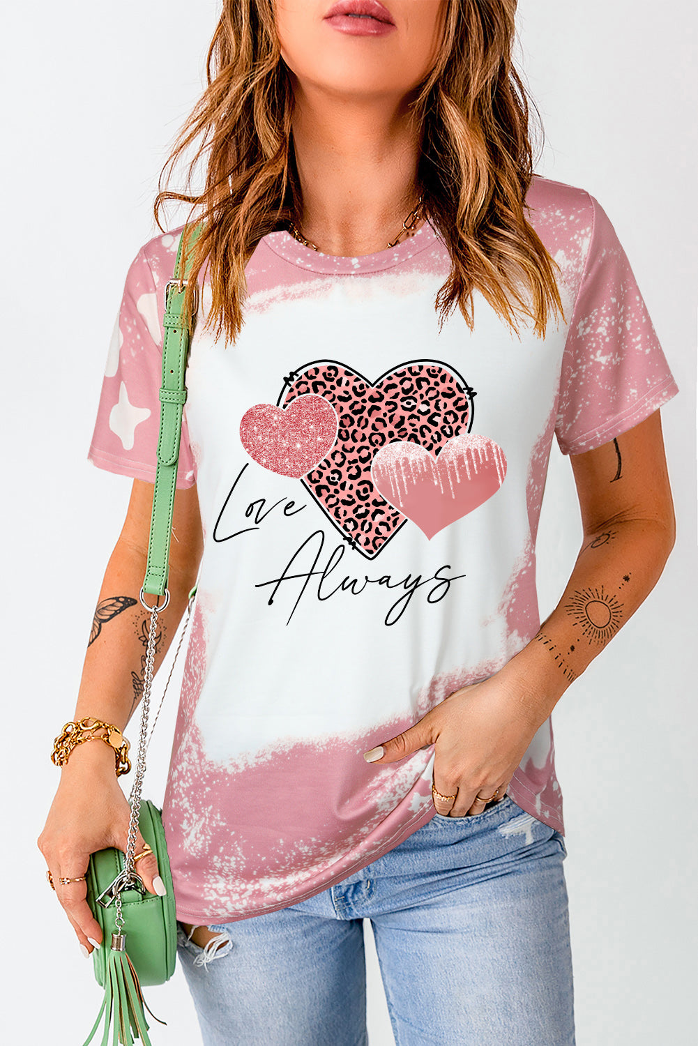 Pink Love Always Heart Leopard Bleached Graphic T Shirt Graphic Tees JT's Designer Fashion