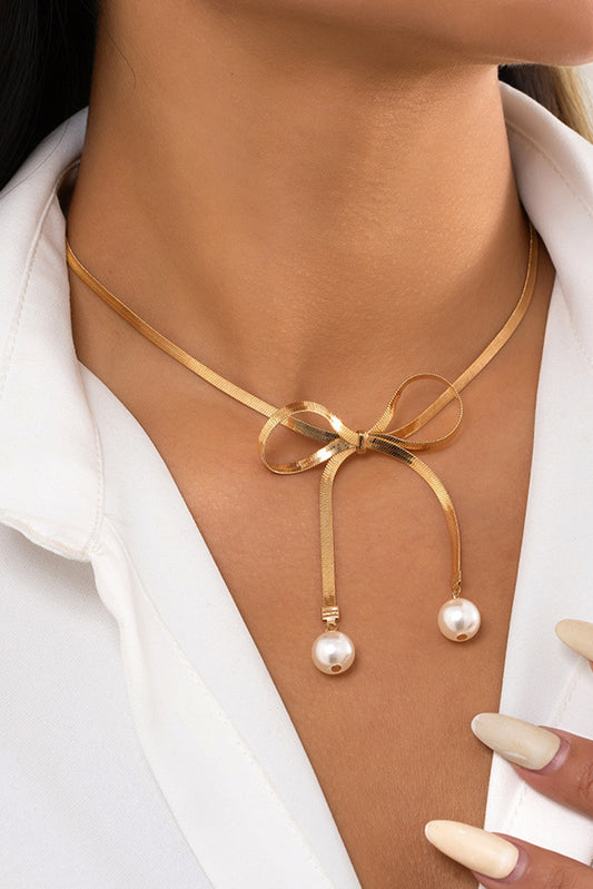 Gold Pearly Bow Collarbone Necklace Jewelry JT's Designer Fashion