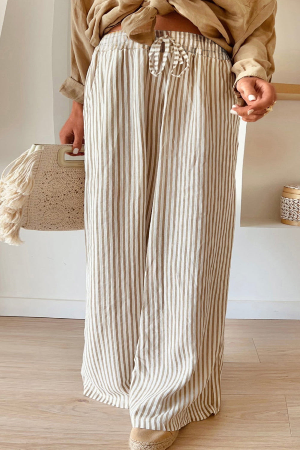 Khaki Stripe Plus Size Drawstring High Waist Wide Leg Pants Khaki Stripe 100%Polyester Plus Size Bottoms JT's Designer Fashion