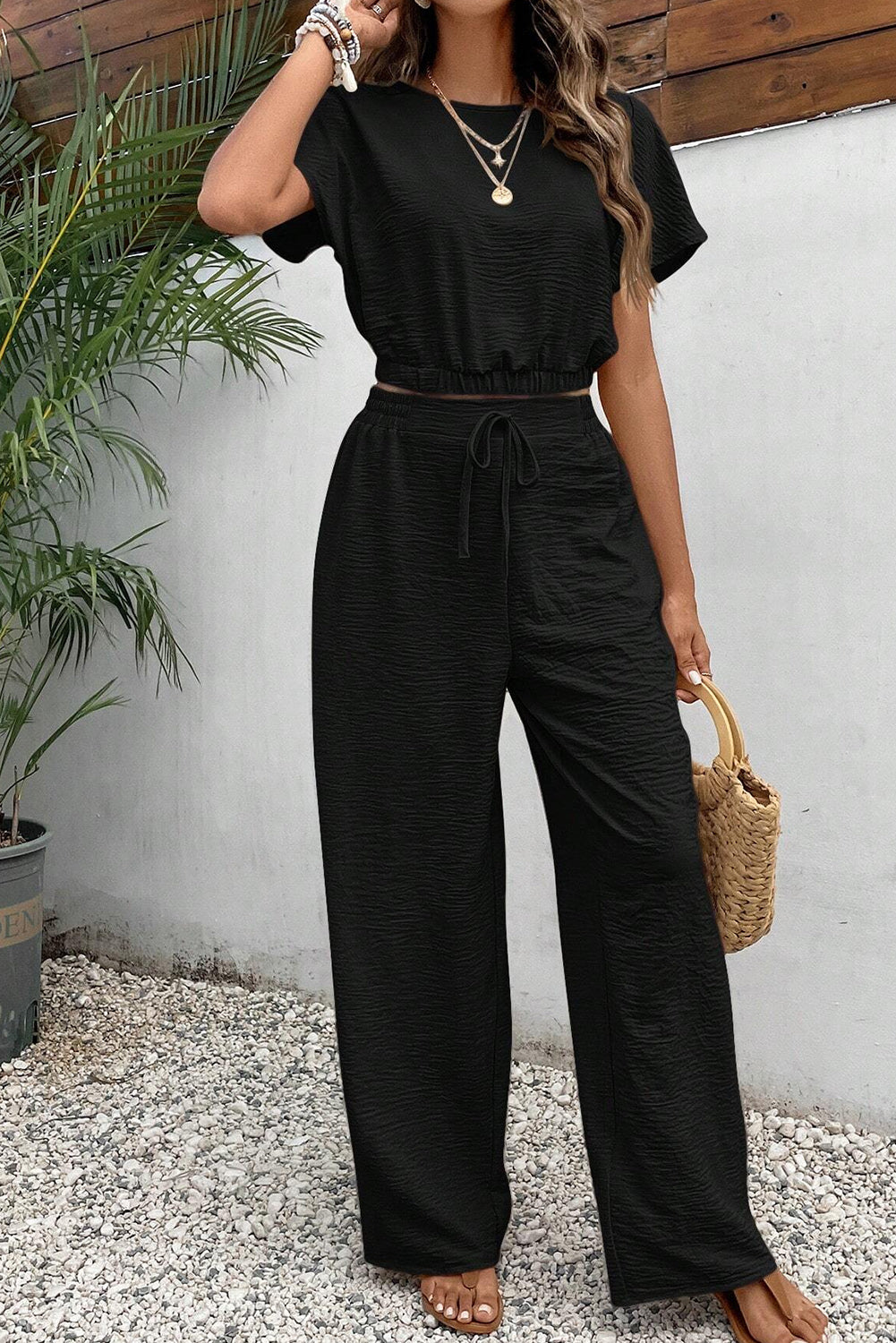 Black Crinkled Elastic Hem Crop Tee and Wide Leg Pants Set Bottoms JT's Designer Fashion