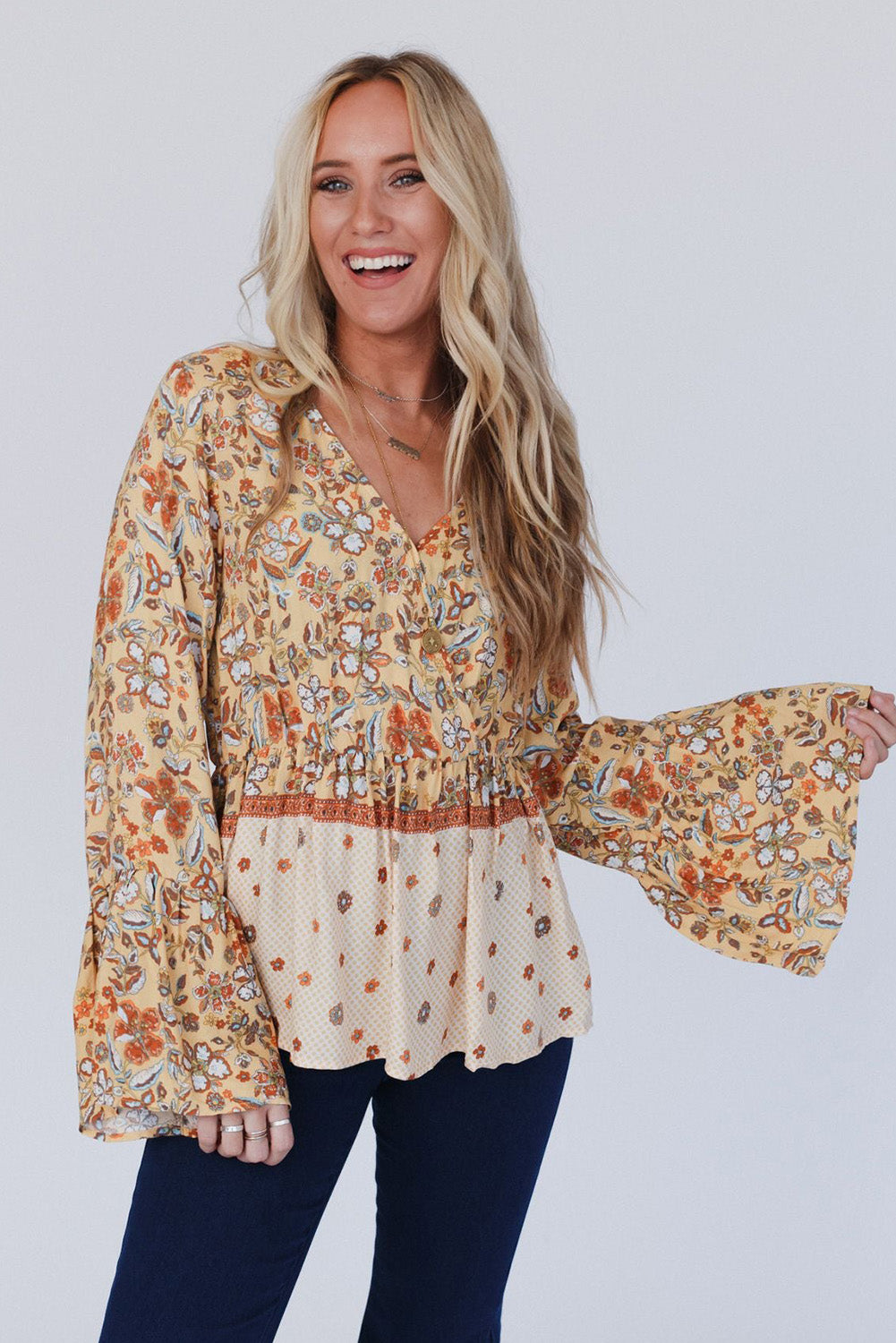 Yellow Printed Floral Bell Sleeve V Neck Wrapped Contrast Peplum Blouse Blouses & Shirts JT's Designer Fashion