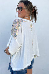 White Floral Printed Patchwork Half Button Oversize Tee Pre Order Tops JT's Designer Fashion