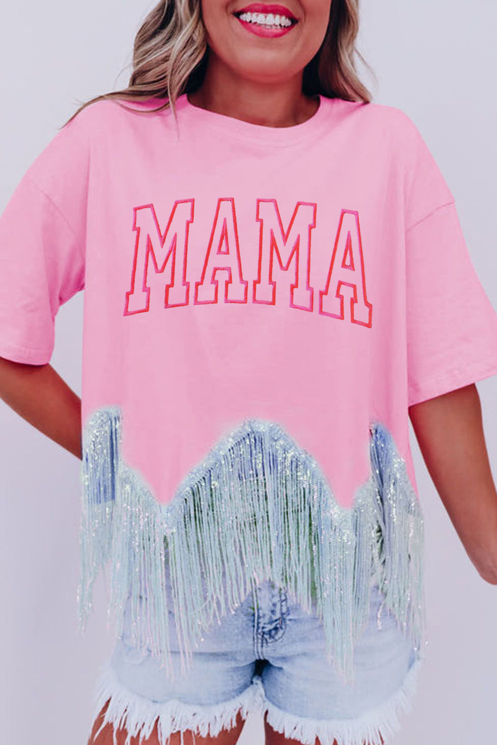 Pink MAMA Embroidered Sequin Tassel Patchwork T Shirt Graphic Tees JT's Designer Fashion