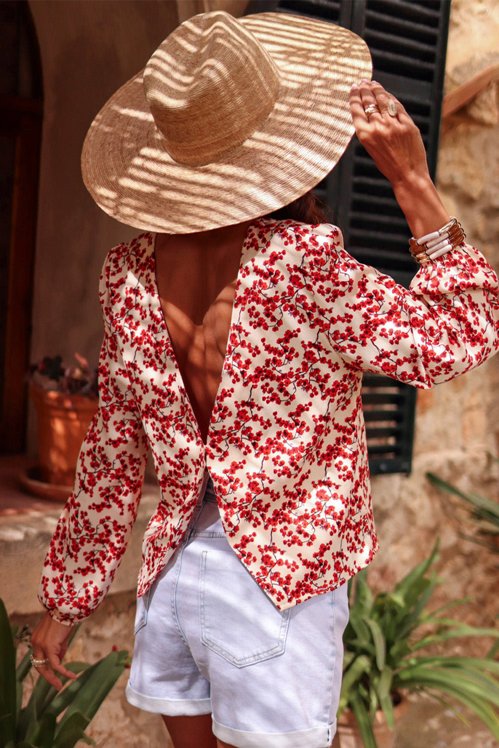 Red Floral Print Long Sleeve Open Back Blouse Blouses & Shirts JT's Designer Fashion