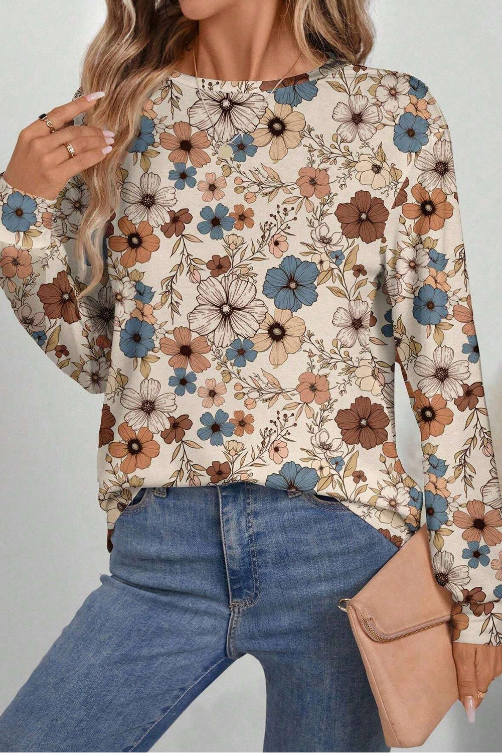 Khaki Floral Print Loose Crew Neck Long Sleeve T Shirt Long Sleeve Tops JT's Designer Fashion