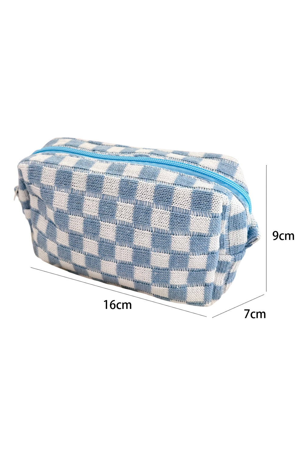 Sky Blue Checkered Knitted Zipper Makeup Bag Other Accessories JT's Designer Fashion