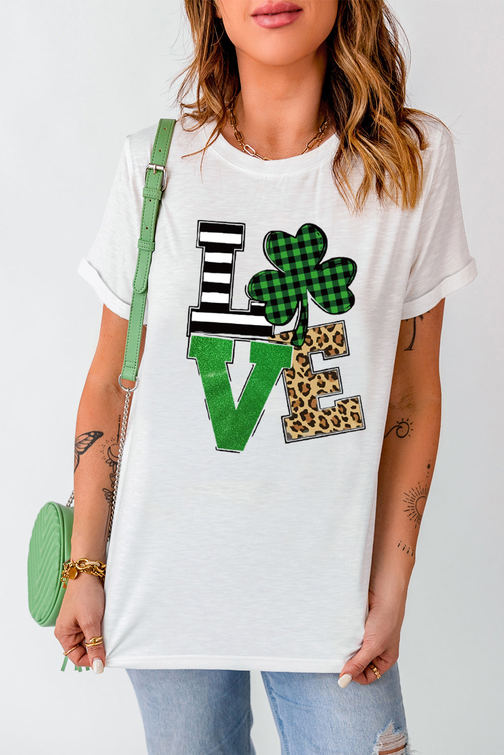 White LOVE Clover Glitter Graphic Print Crew Neck T Shirt Graphic Tees JT's Designer Fashion