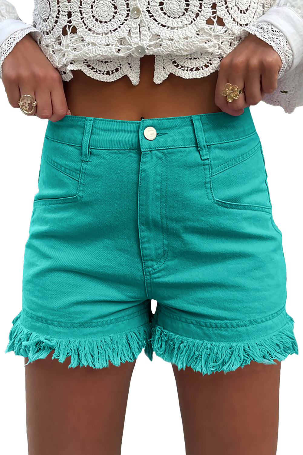 Turquoise Frayed Edge Mid Rise Denim Shorts Pre Order Bottoms JT's Designer Fashion