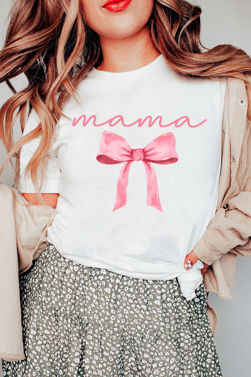 White MAMA Bowknot Graphic Crewneck Tee Graphic Tees JT's Designer Fashion
