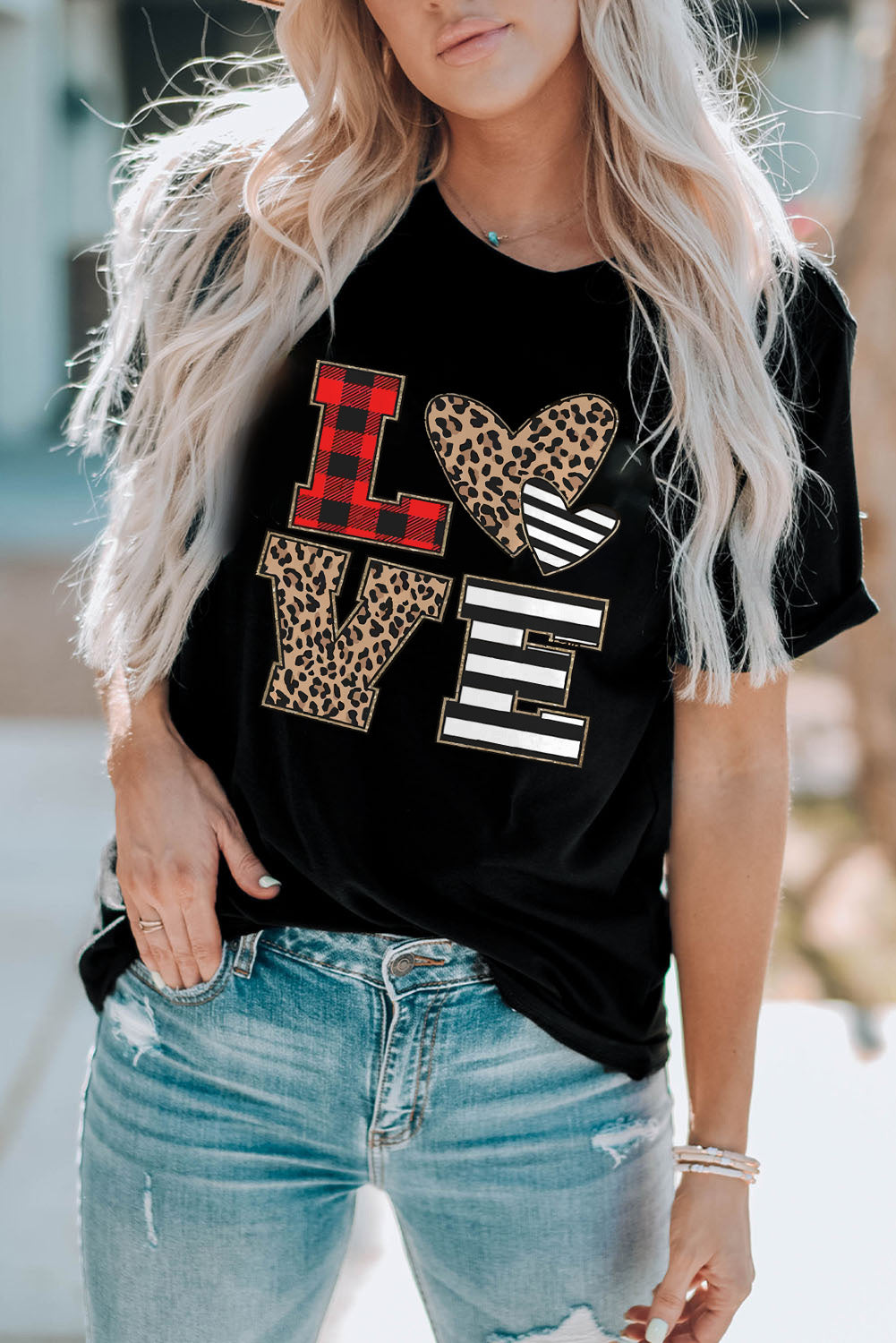 Black LOVE Heart Plaid Striped Leopard Print Graphic T Shirt Graphic Tees JT's Designer Fashion