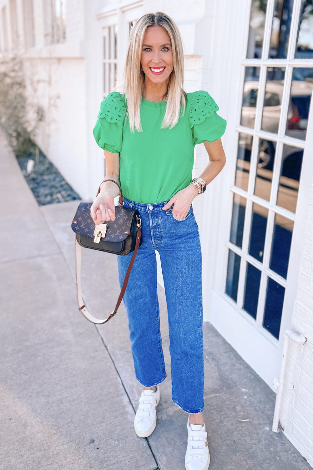 Bright Green Eyelet Puff Short Sleeve Top Pre Order Tops JT's Designer Fashion