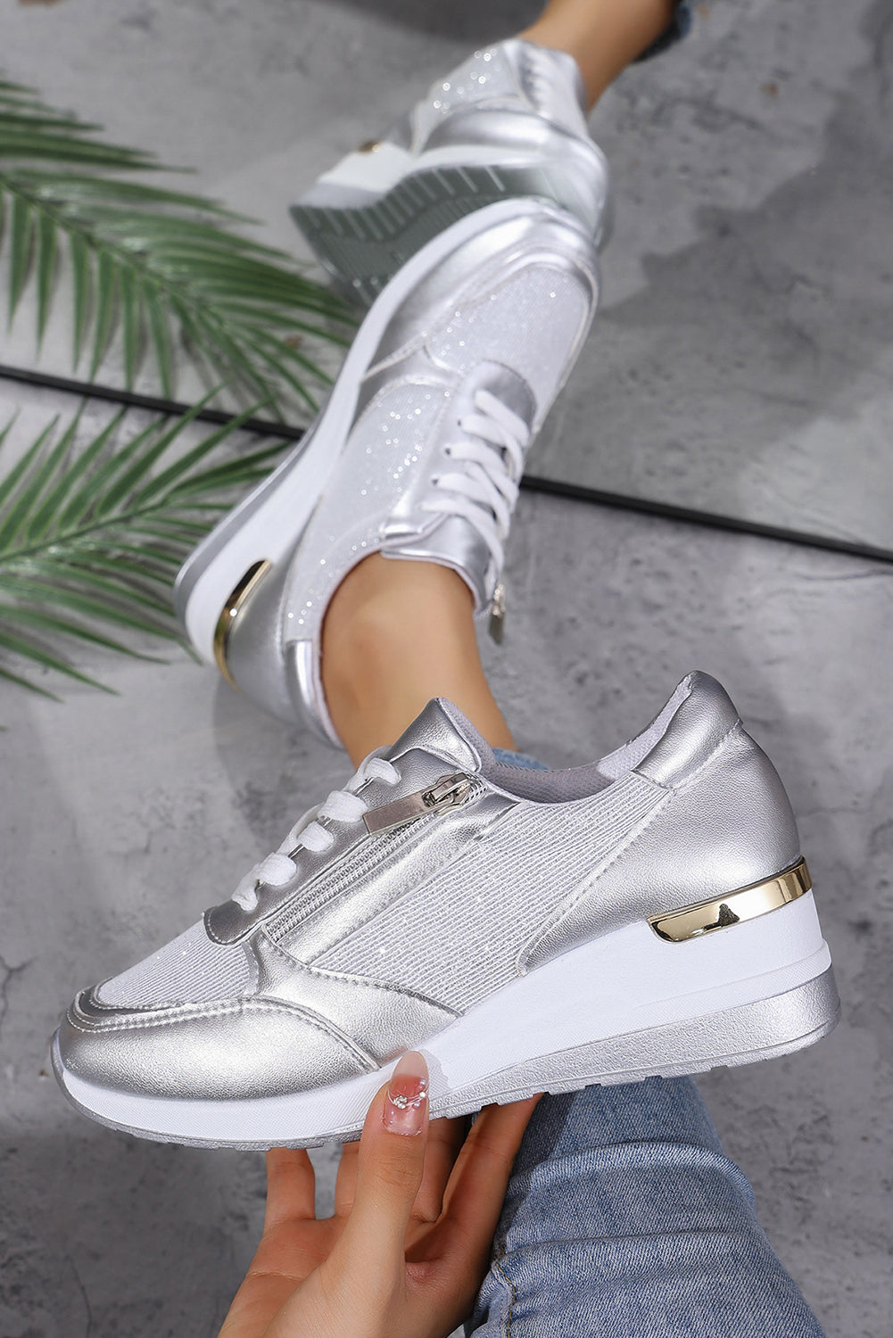 Silvery Leather Patchwork Zipper Lace-up Sneakers Women's Shoes JT's Designer Fashion