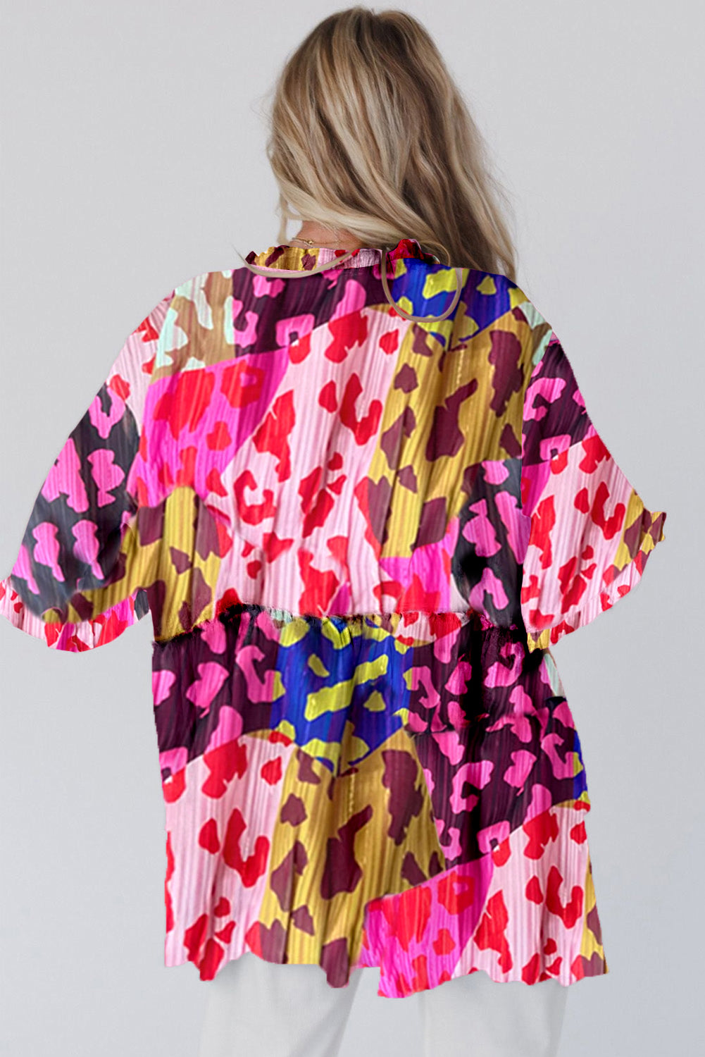 Multicolour Leopard Patchwork Print Frilly Trim Kimono Pre Order Outerwear JT's Designer Fashion