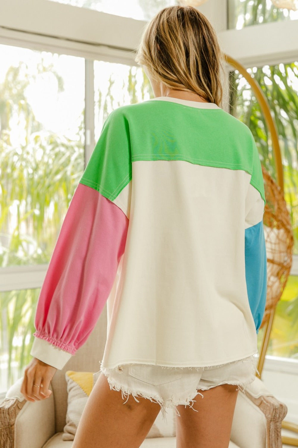 Color Block Patched Long Sleeve Top Long Sleeve Tops JT's Designer Fashion