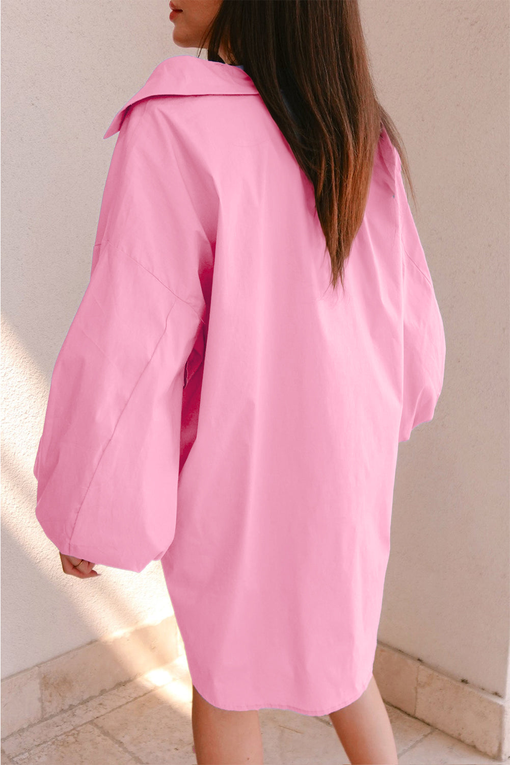 Bright Pink Balloon Sleeve Button Up Mini Shirt Dress Mini Dresses JT's Designer Fashion