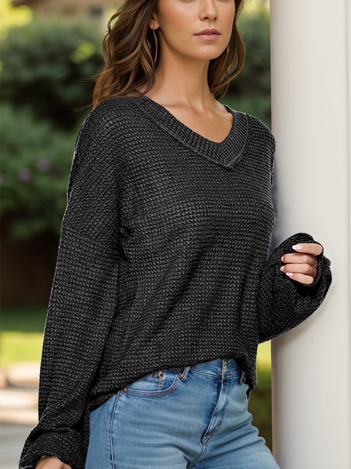 Dropped Shoulder Long Sleeve Knit Top Black Long Sleeve Tops JT's Designer Fashion