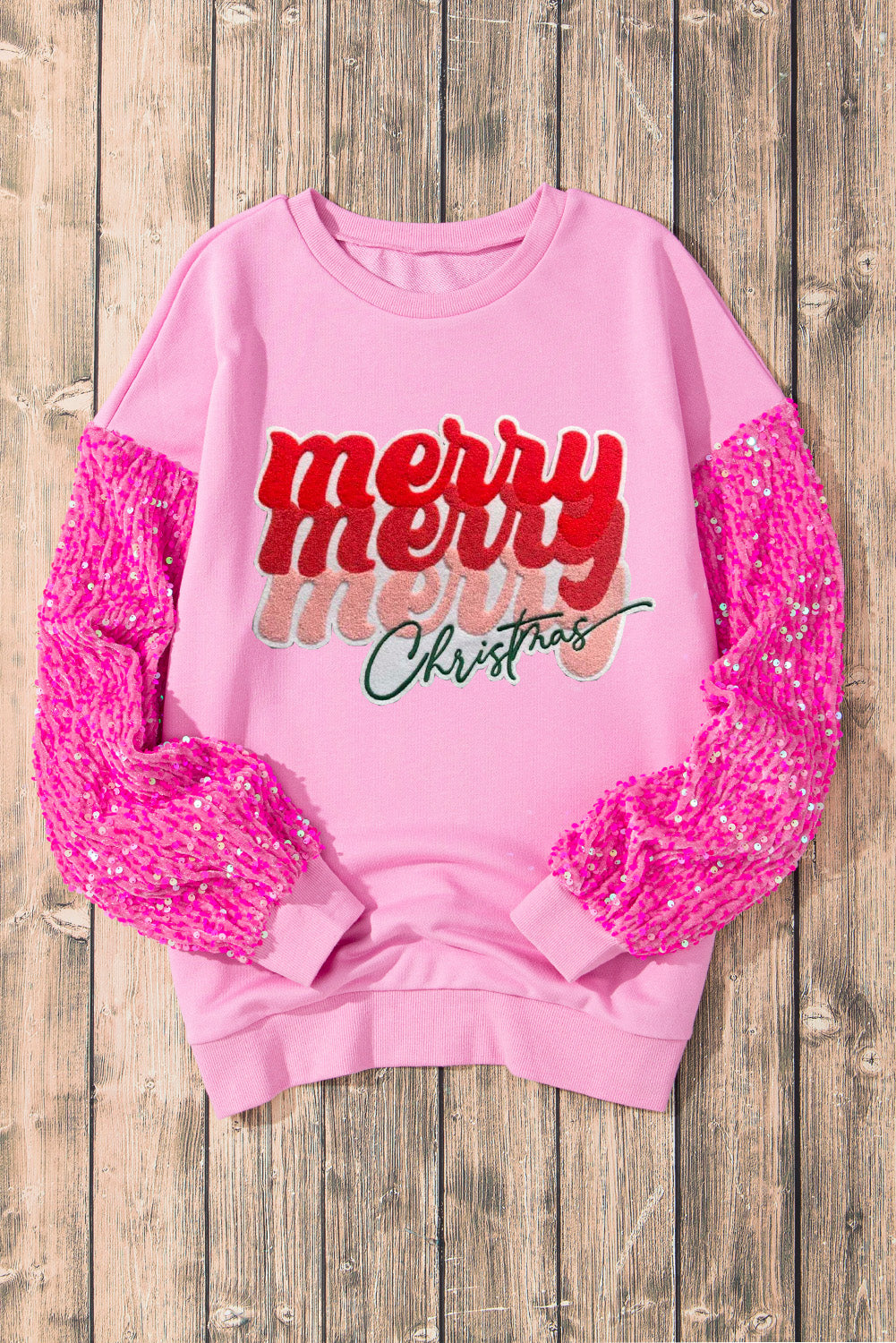 Pink Merry Christmas Graphic Sequin Sleeve Patchwork Top Graphic Sweatshirts JT's Designer Fashion