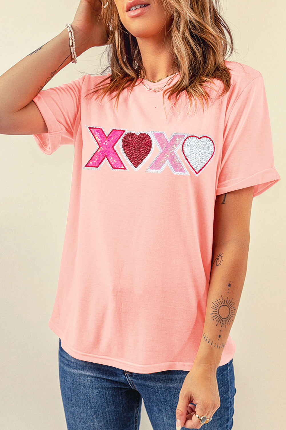 Pink Sequin Heart XOXO Patched Graphic Valentines T Shirt Graphic Tees JT's Designer Fashion